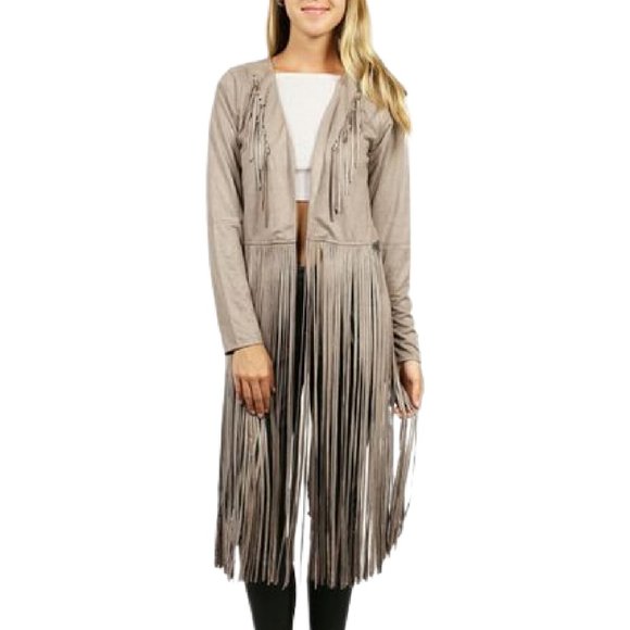Stylish Grey Bohemian Faux Suede with Long Fringe Hemline - Picture 4 of 4